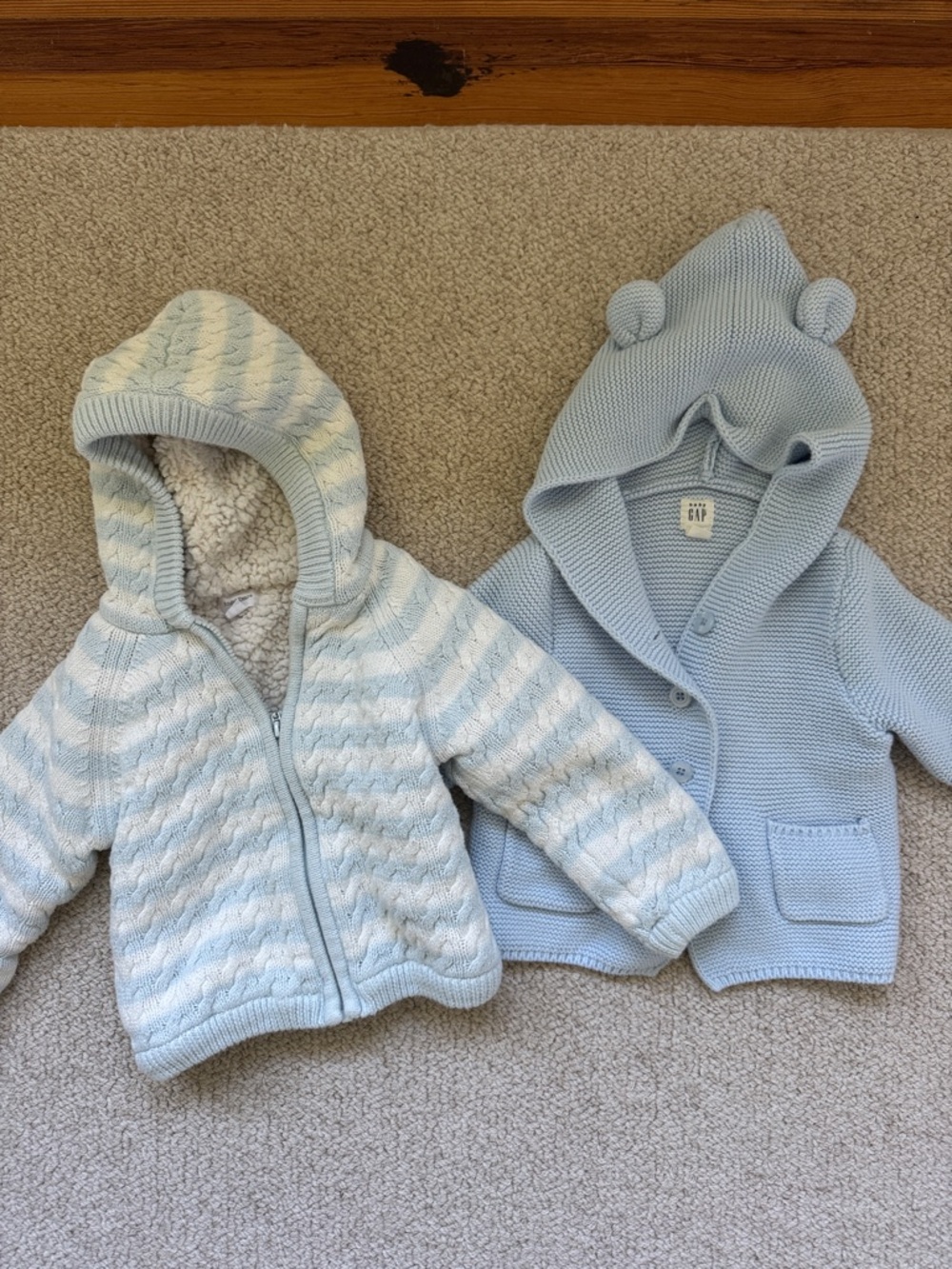 (2) 12-18m Light Blue knit hoodie cardigans: Angel Dear and GAP